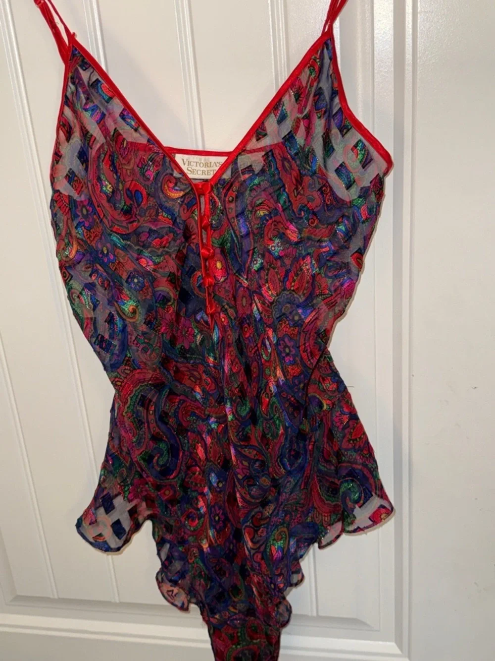 Victoria's Secret Sheer Paisley Teddy Red-Multicolor Print Vintage Sz Med - Picture 8 of 15